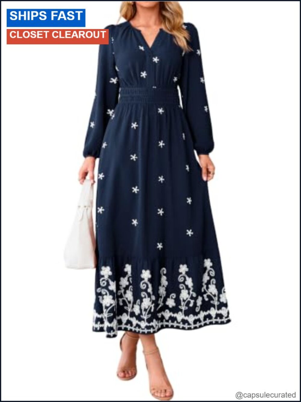 Simplee Floral Embroidered Maxi Dress Long Sleeve Smocked Waist A-Line Boho